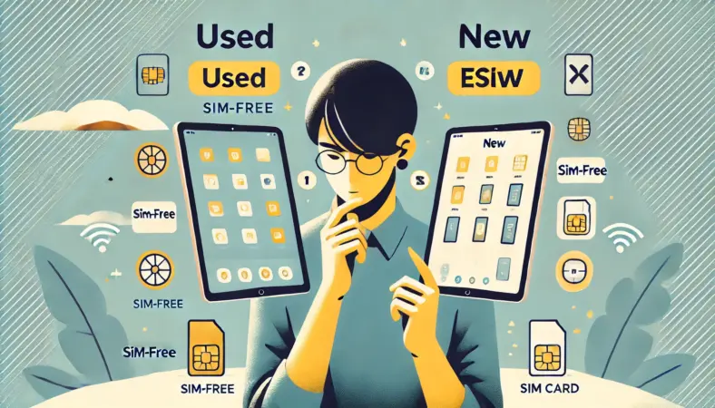 新品と中古のiPadを比較しながら、SIMフリーやeSIM対応の選択肢を慎重に検討している日本人のイラスト。明るい店舗または自宅で、使用感のあるiPadと新品の違いが視覚的に分かる構成。