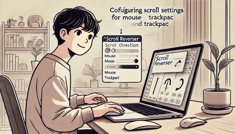 Scroll Reverserのようなユーティリティアプリを使って、マウスとトラックパッドのスクロール方向を分けて設定している日本人ユーザーのイラスト。落ち着いた空間で満足げに作業する様子。