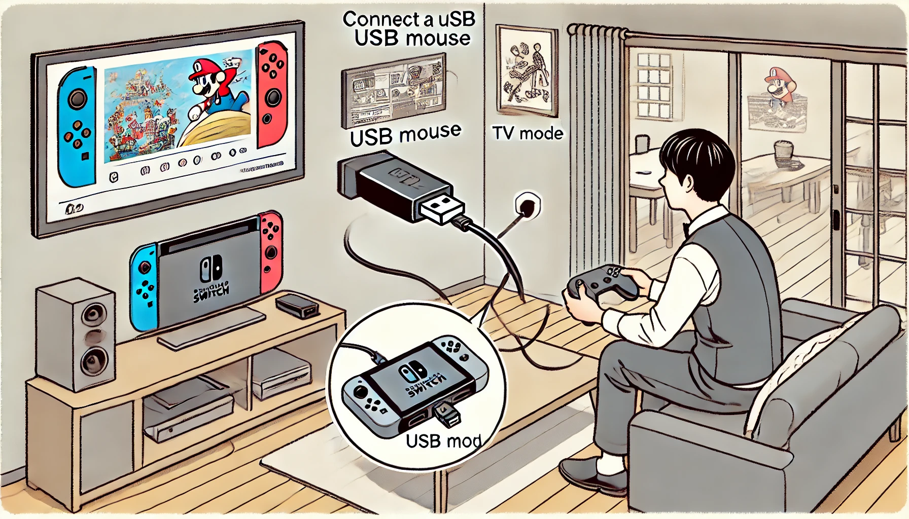 日本人のユーザーがTVモードのNintendo SwitchにUSBマウスを接続している様子を描いたイラスト。Switchドックにマウスを挿し、テレビにはゲーム画面が表示されている。モダンな和風インテリアの部屋で、正しい接続手順を示している。