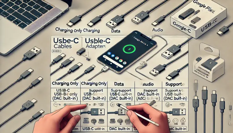 Google Pixel対応のUSB-Cケーブルとアダプタを比較する日本人ユーザー。充電専用、データ通信対応、DAC内蔵オーディオ対応など、仕様の違いを視覚的に説明した場面。
