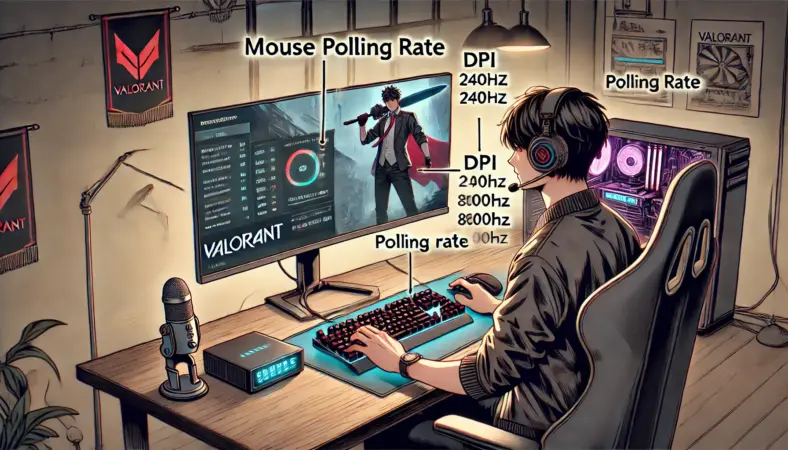 VALORANTをプレイしながらマウスのポーリングレートとDPIを調整している日本人eスポーツゲーマーのイラスト。240HzモニターとハイエンドPCが並ぶプロ仕様のゲーミング環境が描かれている。