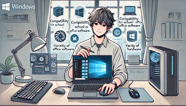 日本人のユーザーがWindowsノートパソコンを使いながら、業務ソフトや周辺機器との互換性、ゲーム性能などの利点を検討している様子