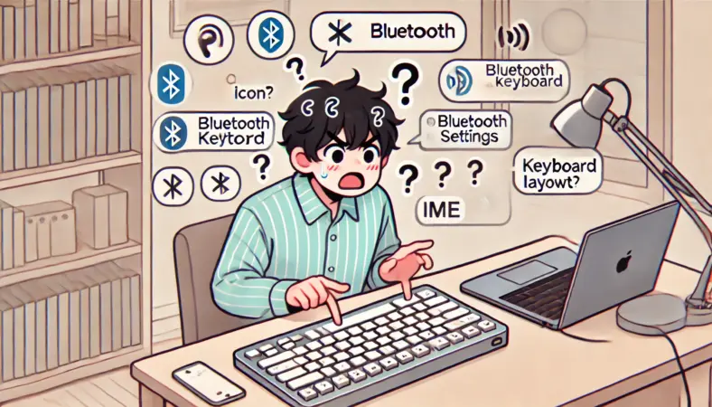 Mac風キーボードをWindowsパソコンで使おうとし、動作に戸惑っている日本人ユーザーのイラスト。BluetoothやIME設定、キー配列などに困惑する様子が描かれている。