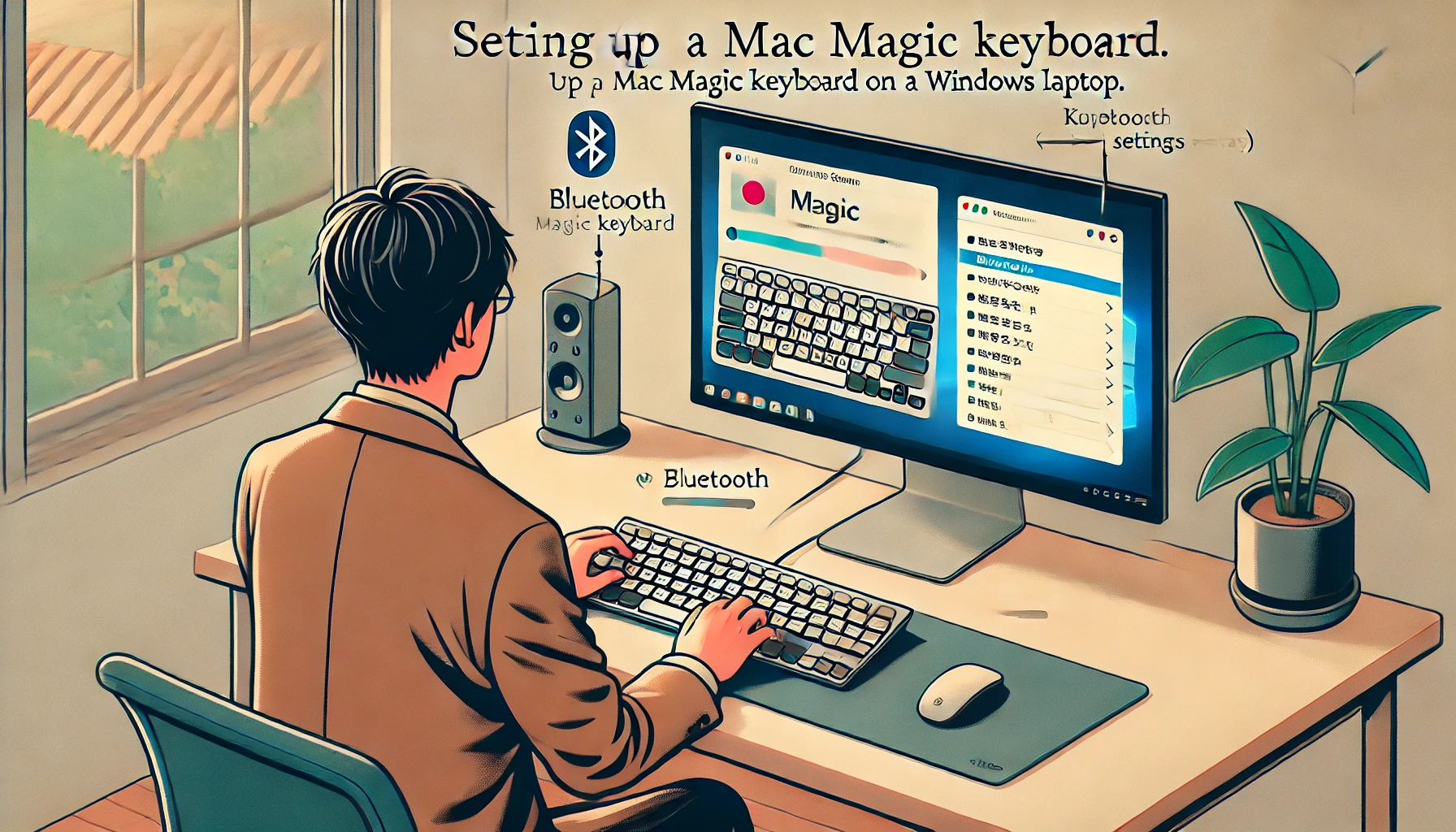 WindowsノートPCにMacのMagic Keyboardを接続し、Bluetoothとキーボード設定を操作している日本人ユーザーのイラスト。モダンな室内で快適に作業している様子が描かれている。