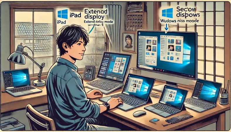 WindowsパソコンとiPadをワイヤレスで接続し、iPadをサブディスプレイとして拡張表示している日本人男性の自宅ワークスペースのイラスト。