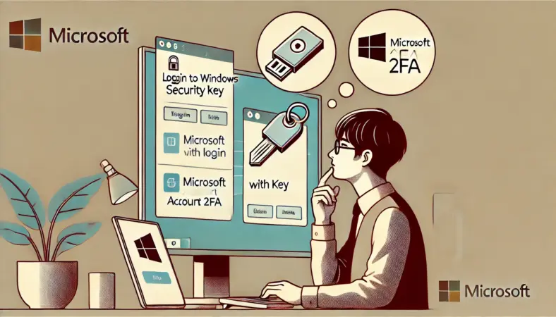 Windows設定を開く前に、セキュリティキーの利用目的を整理する日本人のイラスト。ログイン方法の選択肢を検討している様子。