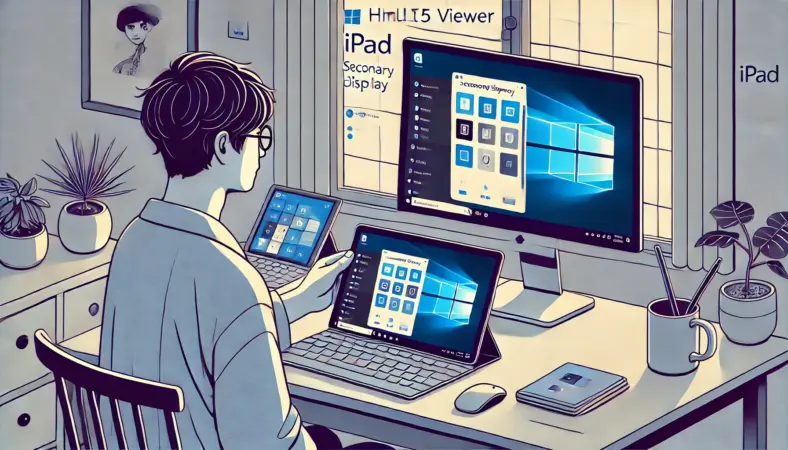 iPadをアプリなしでWindowsパソコンのサブディスプレイとして使用している日本人男性の作業風景。ブラウザを使った簡易接続で、整った自宅デスク環境が描かれている。