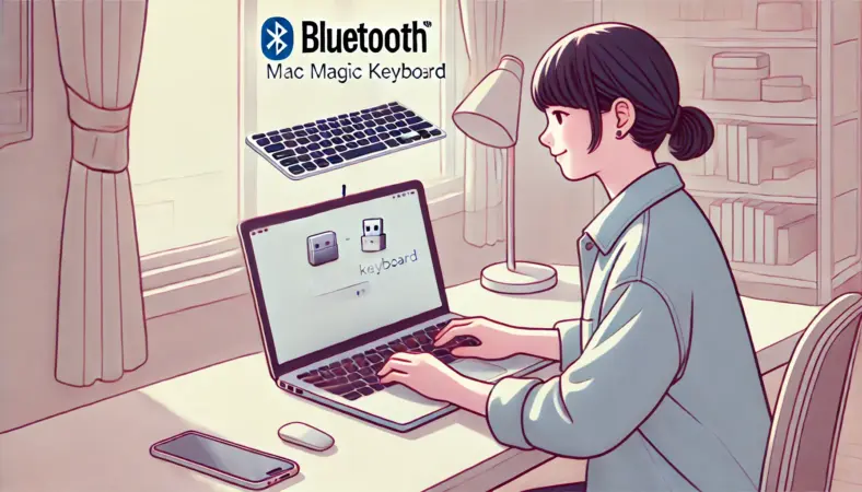 WindowsノートパソコンにMacのMagic KeyboardをBluetoothで接続している日本人ユーザーのイラスト。ペアリング設定中の様子が分かりやすく描かれている。