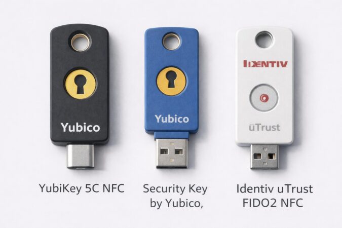 YubiKey 5C NFC、Security Key by Yubico、Identiv uTrust FIDO2 NFCの3製品を並べたイメージ写真
