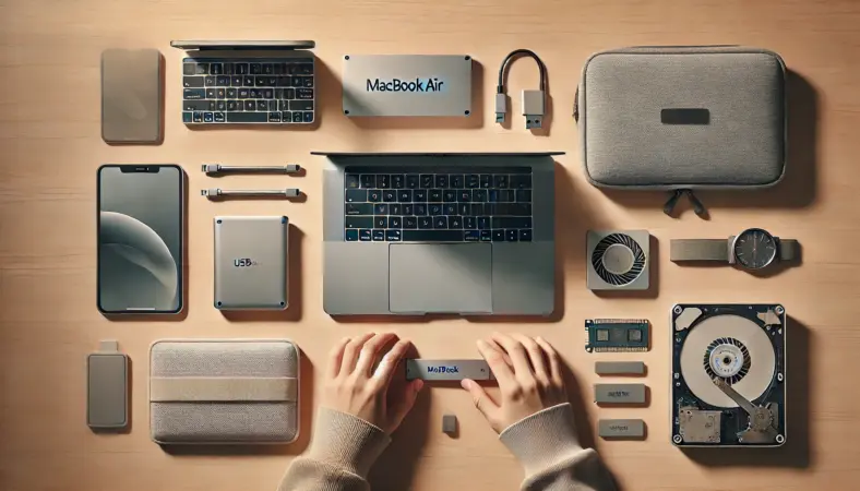 MacBook Airの廉価版を想定したセットアップ。USB-Cハブ、ポータブルSSD、薄型スタンド、保護スリーブを木製デスクに配置し、日本人の手が整理している場面