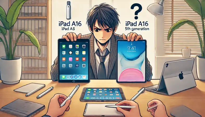 iPad A16とAir第5世代を比較し、Apple Pencilの互換の違いに戸惑う日本人の姿