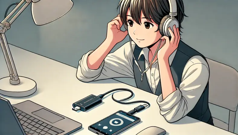 日本人のユーザーがUSB DAC（ドングル型アンプ）をAndroidスマートフォンに接続し、有線イヤホンで音質向上を実感している様子を描いたイラスト。机の上にはUSB-Cポートで接続された小型DACとスマートフォン、イヤホンがシンプルに配置されている。