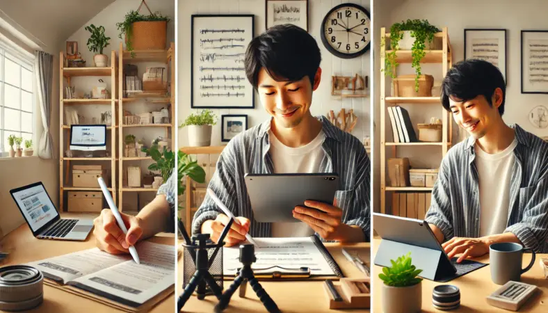 自宅や小さなワークスペースで、PDF閲覧、手書きメモ、クリエイティブ作業をiPadで快適にこなす日本人ユーザー。iPadが日常にしっかり馴染み、生活が効率的かつ豊かになっている様子。