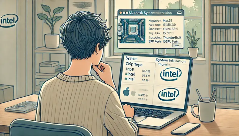 MacBookの「このMacについて」からチップやポートの情報を確認し、eGPUが使えるかどうかを調べている日本人男性のイラスト。モダンで整った作業空間の中、落ち着いた表情で情報を確認する様子が描かれている。