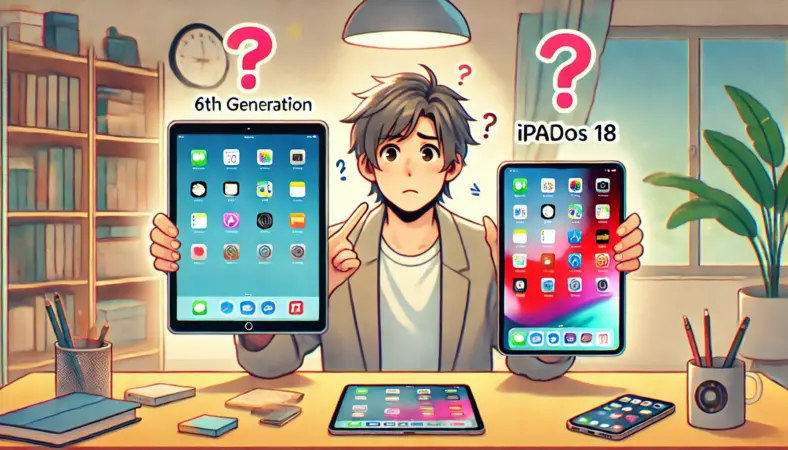 iPadOS 18に対応しないiPad第6世代と、最新機能が使える新型iPadを比較して困惑する日本人男性のイラスト。旧機種の限界と最新OS非対応による使用制限を象徴するシーン。