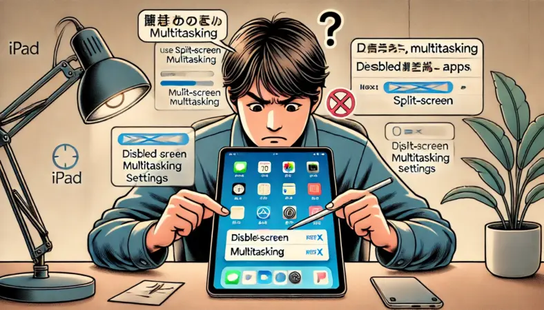 iPadOS 26で画面分割がうまくいかず、設定画面を確認しながら困惑している日本人ユーザーの様子