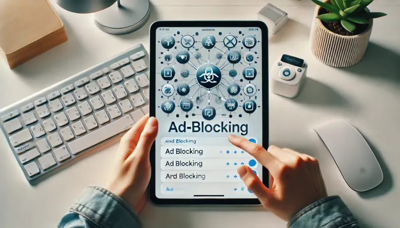 日本人ユーザーがiPadで広告ブロック設定をしている様子。設定画面には広告ブロックやプライバシー保護を示す抽象的なアイコンが表示され、シンプルで洗練された作業スペースが広がる。Chrome拡張なしでも快適なiOS環境を表現したイメージ。