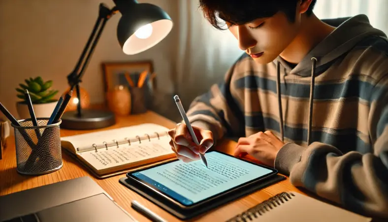 日本人の学生がApple Pencil（USB-C）でiPad A16にノートやPDF注釈を書き込んでいる、集中した学習風景