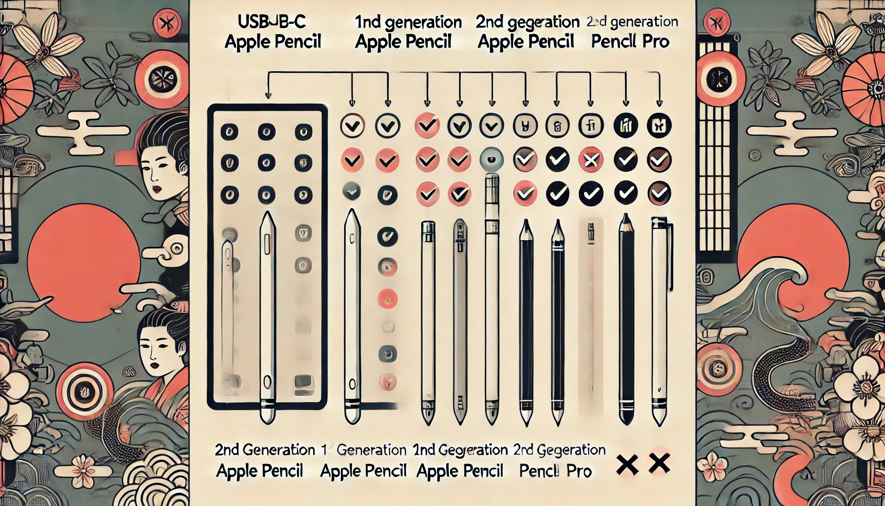 iPad A16と各種Apple Pencilの互換性を示す図。USB-Cペンと第一世代は対応、第二世代およびProは非対応が明示された比較ビジュアル。
