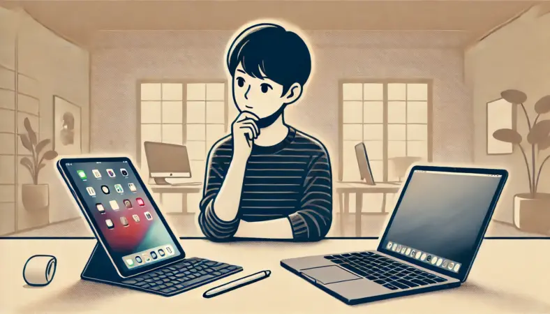 iPadとMacBookを机に並べ、どちらを選ぶべきか比較検討している日本人の人物のイラスト。iPadにはキーボードとスタイラスが接続されており、機能性の比較が視覚的に分かる。
