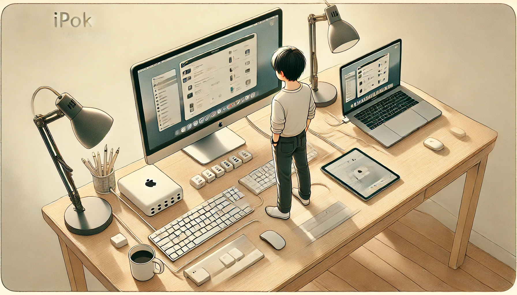 物理キーボード、マウス、USB-Cハブを使い、iPadを外部モニターに接続してパソコンのように使っている日本人の若者の作業環境イラスト。快適かつミニマルなデスクで、MacBookなしでも作業できる様子が伝わる。