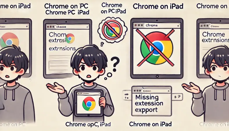iPadでChrome拡張機能が使えない理由をイラストで示す構図。Chromeを開いたiPadを手に困惑する日本人ユーザーと、PC版Chromeとの違いを示すシンプルな図解が隣に描かれている。拡張機能が使えないことを視覚的に伝え