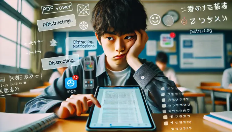 iPadを使って学習中にフラストレーションを感じている日本人高校生。通知やアプリの誘惑に囲まれ、集中力を欠いている様子。