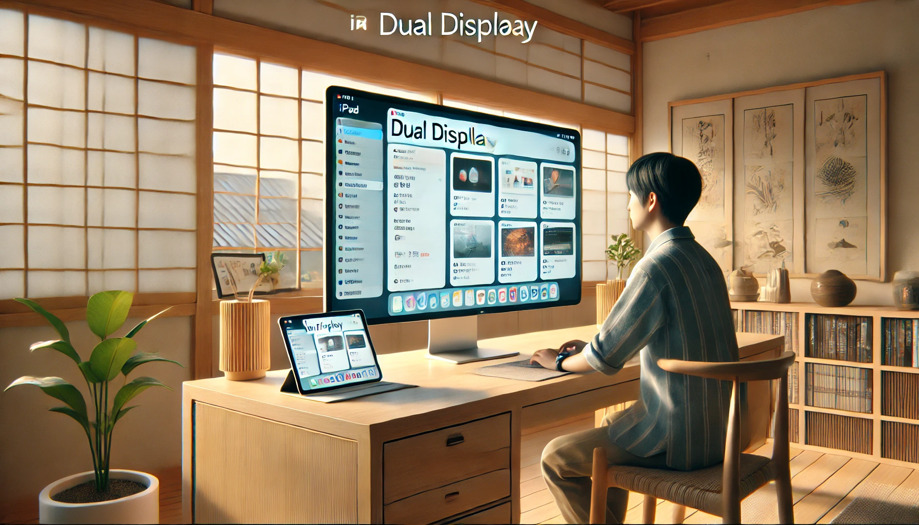日本人男性がiPadと外部モニターを使ってデュアルディスプレイ運用している自宅ワークスペースのイラスト。iPadにはメモアプリ、外部モニターには資料やブラウザが表示され、拡張表示の活用シーンを描写。
