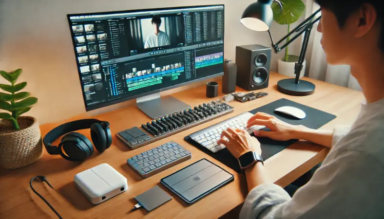 iPadに外部SSD、USB-Cハブ、ワイヤレスキーボード、ヘッドホンを接続して動画編集する日本人の快適なデスク環境。疲労を軽減し作業効率を高める周辺機器が整った編集スペース。