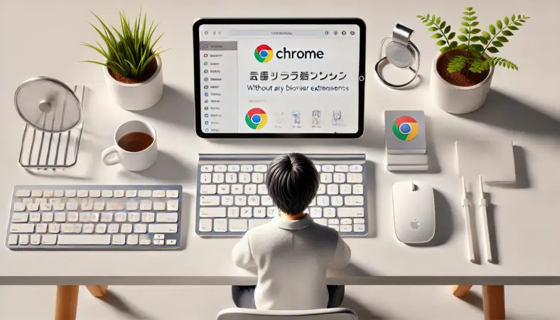 日本人ユーザーがiPadのChromeを拡張機能なしで快適に使用している様子。ワイヤレスキーボード、マウス、タブレットスタンドを組み合わせた明るく整った作業環境が描かれており、拡張機能に頼らず快適化された使用スタイルを表現。