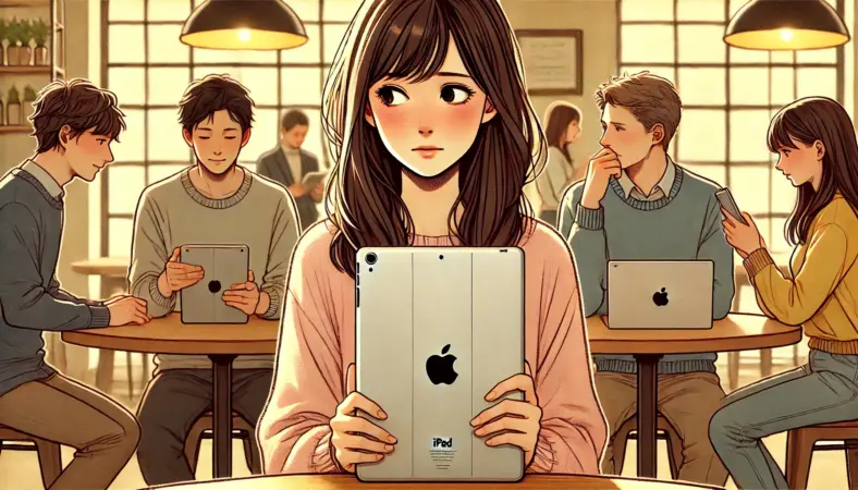 カフェでセルラーモデルのiPadを見つめながら後悔や戸惑いを感じる日本人女性のイラスト。周囲では他の人々がWi-Fiモデルのタブレットを自然に使っており、彼女の不安が浮き彫りになっている。