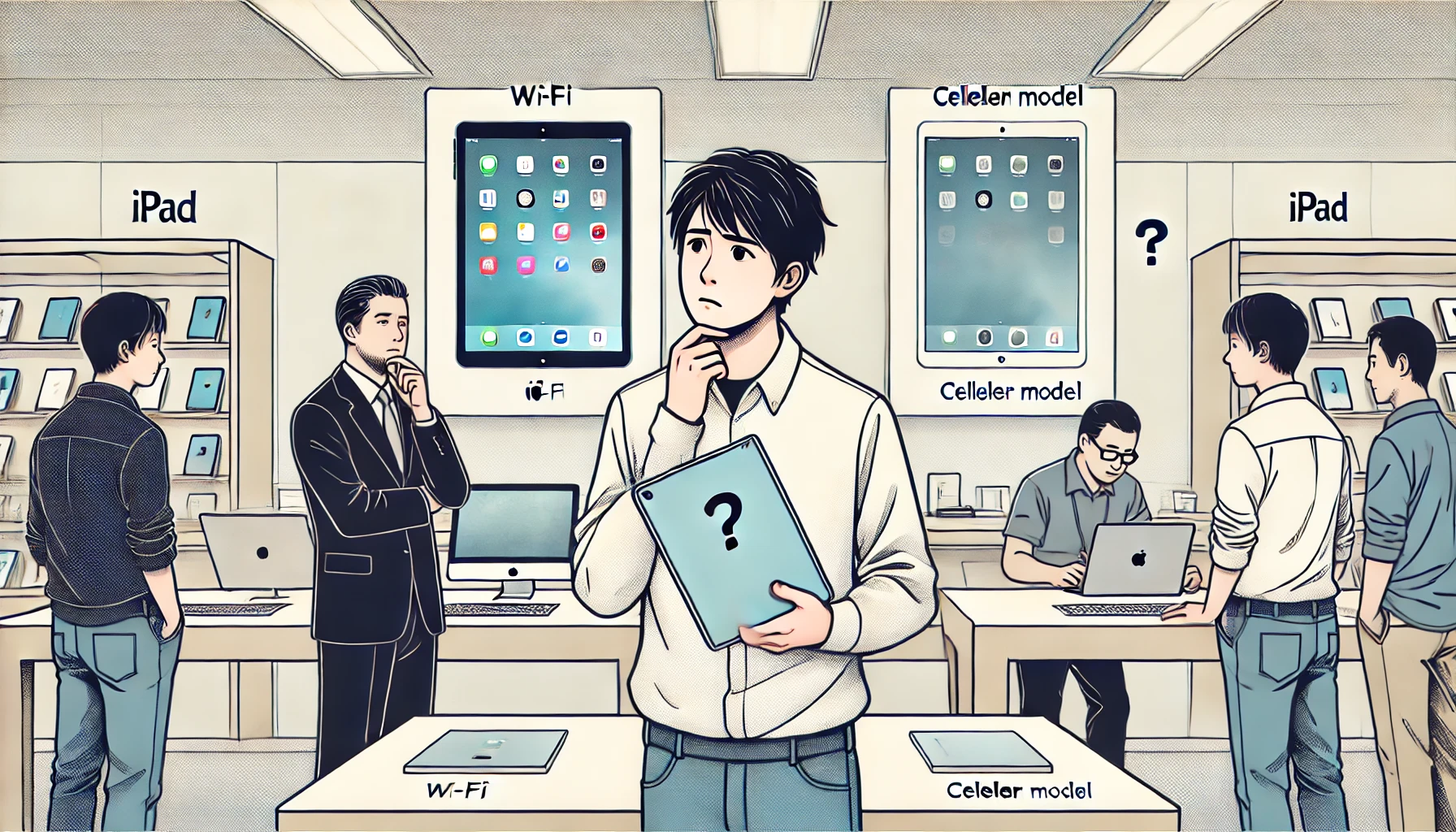 家電量販店でiPadのWi-Fiモデルとセルラーモデルの選択に悩む日本人男性のイラスト。明るい店内で店員が説明する様子が描かれている。