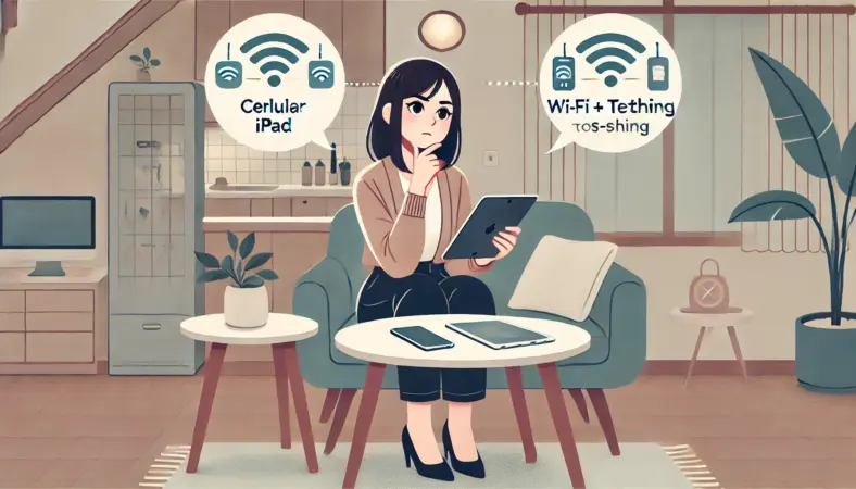 自宅のテーブルでiPadとスマートフォンを見比べながら、テザリングとセルラーモデルのどちらが自分に合うかを考える日本人女性のイラスト。節約と通信方法の選択に悩む様子が表現されている。