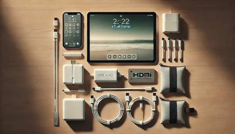 iPadをデュアルディスプレイ化するためのおすすめ機材を描いたイラスト。USB-C to HDMIアダプター、軽量モバイルモニター、ケーブルポーチが木の机の上に整然と配置されている。