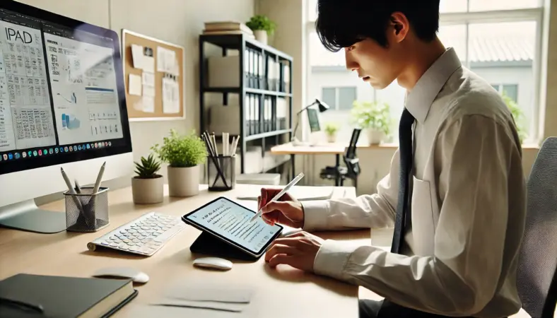スタイリッシュな日本人のビジネスパーソンがiPadでスケジュールや資料を確認しながら仕事している姿。タブレット活用によるビジネス効率の向上をイメージ。