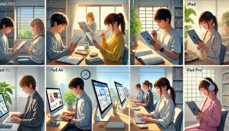 中学生、高校生、大学生、社会人がそれぞれの用途に合わせてiPad(mini、Air、Pro)を使い分けている様子。家庭・学校・職場など現実的なシーンで活用されている姿を比較。