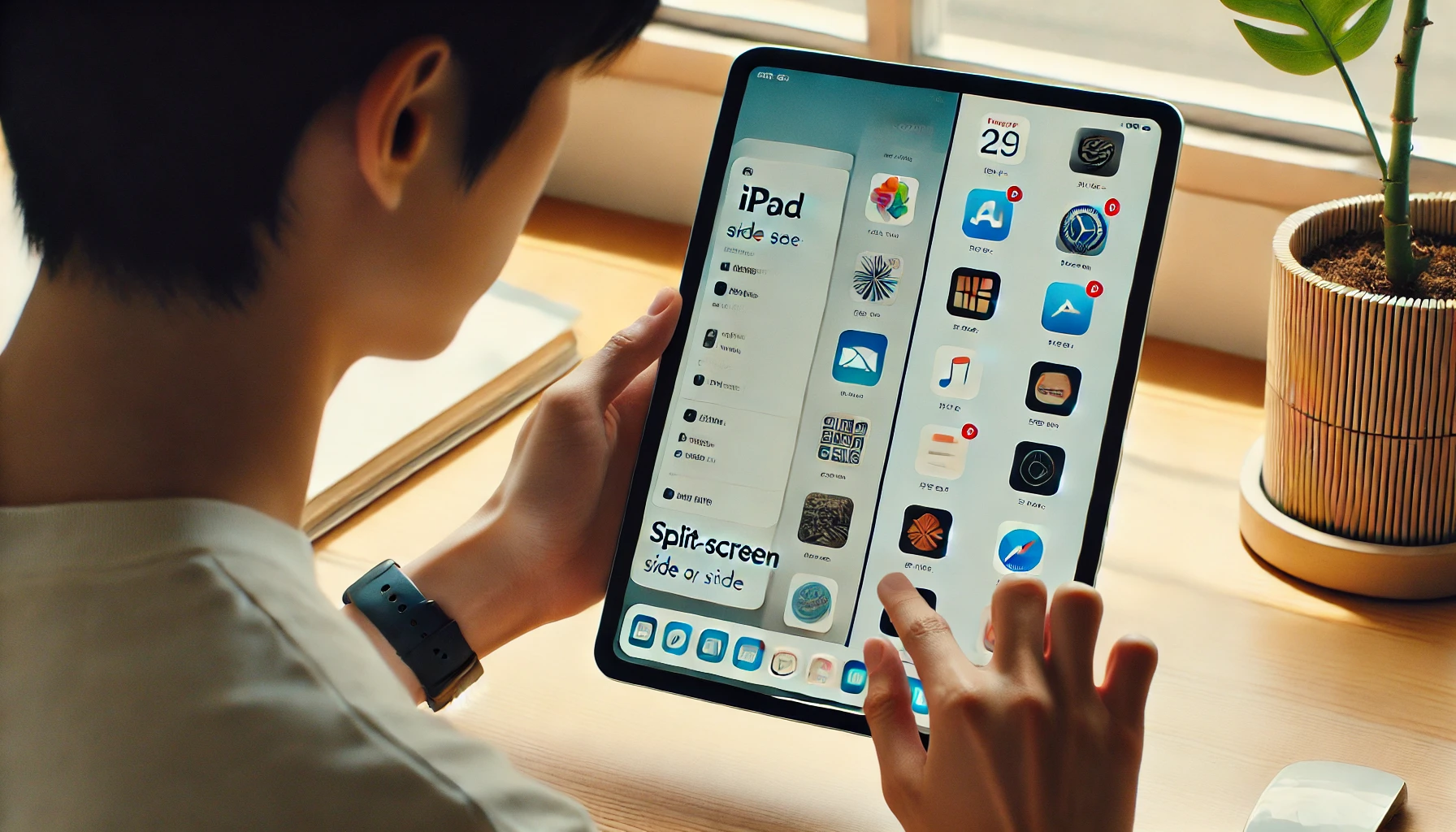 iPadで日本人ユーザーがDockからアプリをドラッグして画面分割操作をしている様子