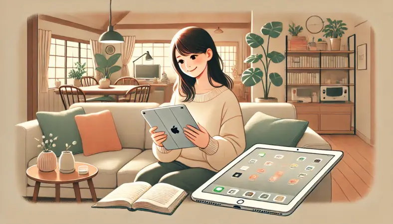 ソファでリラックスしながらiPad第6世代で動画を視聴し、電子書籍も楽しんでいる日本人女性のイラスト。日常用途ではまだ十分使えることを象徴する暖かみのあるリビングシーン。