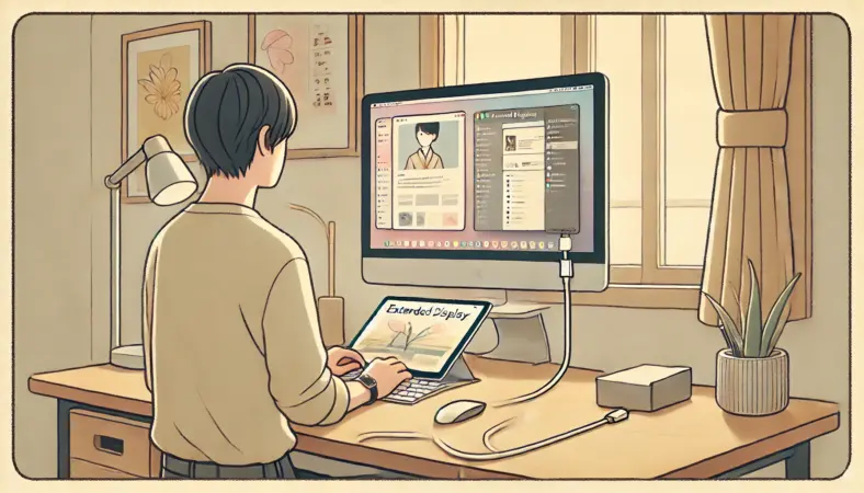 iPadと外部モニターをUSB-Cで接続し、拡張表示で作業している日本人男性のデスク環境のイラスト。作業効率を高める整ったワークスペースが描かれている。
