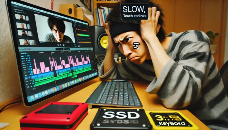 タッチ操作だけで動画編集を行い疲れ切った表情の日本人。アプリが複数起動したiPadと、周辺機器がないごちゃついた環境が映し出され、非効率な作業空間のストレスを表現している。