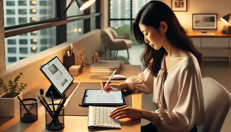 日本人女性の社会人がiPad Proを使ってリモートワーク中。キーボードとApple Pencilを併用しながら、資料の赤入れやブログの下書きを効率よくこなしている様子。