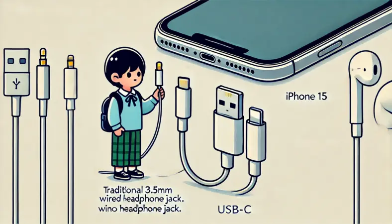iPhone15のUSB-C端子と、接続できない3.5mmイヤホンを比較する