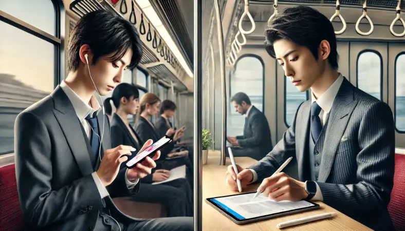 通勤中にiPhoneを操作する場面と、デスクでiPadを使って資料にメモを取る場面を対比させた日本人社会人。即時対応と深い作業の違いを表現したシーン。