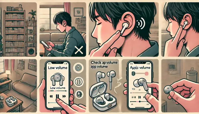 日本人の人物がiPhoneとワイヤレスイヤホン両方の音量を確認しているイラスト。イヤホンをタップして音量を調整したり、音楽アプリのスライダーを確認したり、イヤーピースのフィット感を確かめる様子が描かれている。室内は落ち着いた雰囲気の空間。