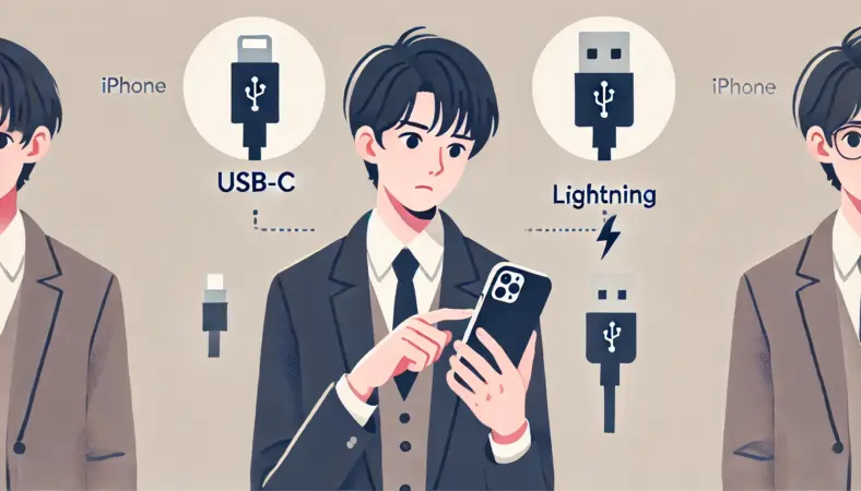 iPhoneの下部端子を確認しながら、USB-CとLightningの違いを検討している日本人ユーザーのイラスト。端子の種類を間違えないための注意喚起を表現。