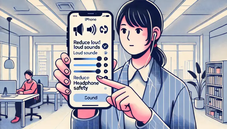 日本人の人物がiPhoneの設定画面でイヤホン音量に関するオプションを調整している様子のイラスト。「ヘッドフォンの安全性」や「大きな音量を低減」などの項目を視覚的に操作している場面で、明るく整理された室内で描かれている。