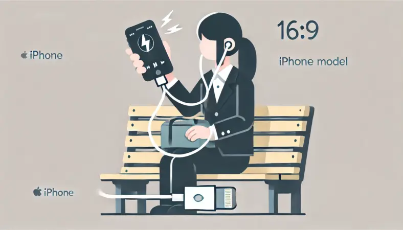 Lightning端子付き有線イヤホンをiPhoneに接続し、通勤中に安定した音声を楽しむ日本人ユーザーのイラスト。ワイヤレスよりも安定性を重視する場面。