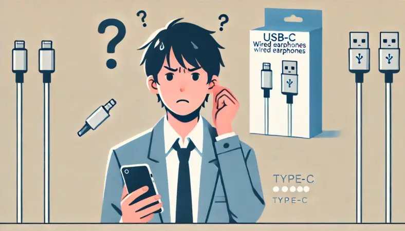 USB-C有線イヤホンをスマホに接続したものの音が出ず、困惑する日本人ユーザーのイラスト。タイプC端子の互換性問題に注意を促す場面。
