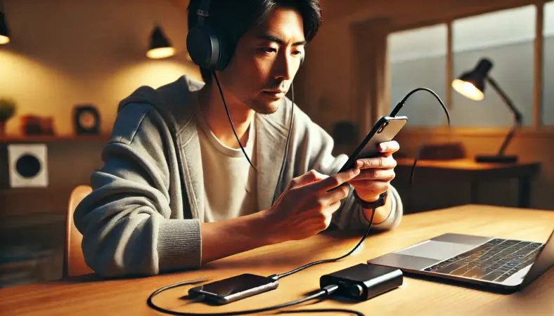 自宅のデスクでiPhoneにUSB-C DACを接続し、有線ヘッドホンで音楽を楽しむ日本人男性。iPhoneとDACを使った高音質なリスニング環境を静かな空間で表現している。