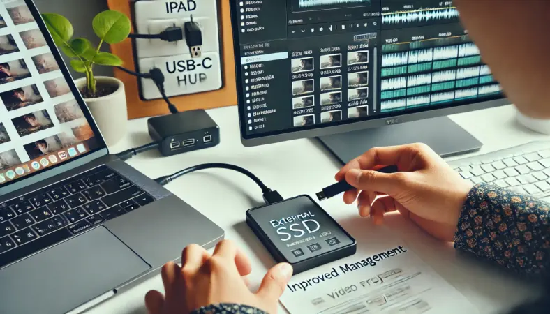 iPad miniでショート動画を編集する日本人が、小さな画面による作業のしづらさを感じている様子。コンパクトで持ち運びに便利な反面、長時間の作業には工夫が必要な環境。